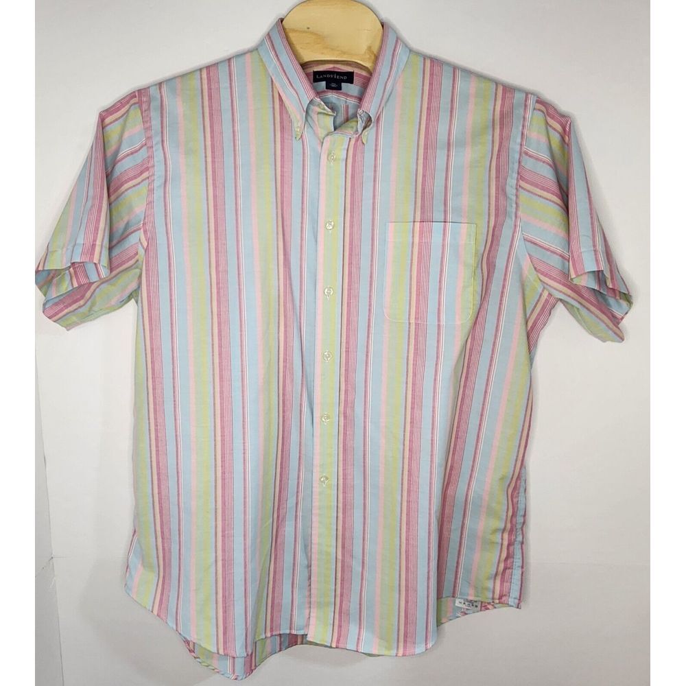Lands End Men's Short Sleeve Striped Multicolor Button Down Shirt Size L (17.5)